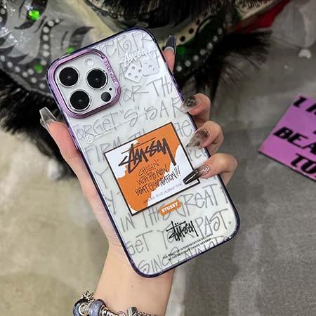 Stussy iphone15ケース 紫 ボーダー